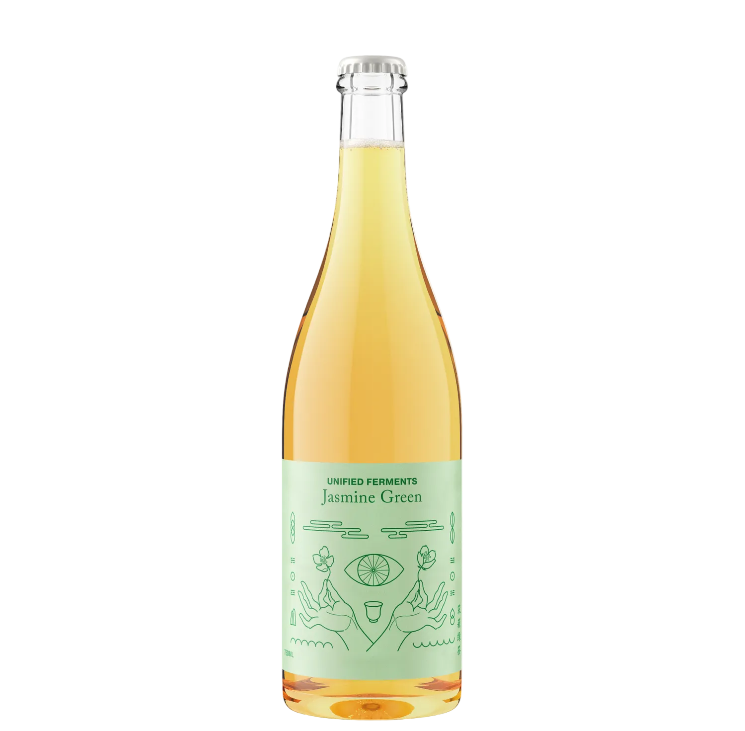 Bottle of Jasmine Green wine with a green label on a white background