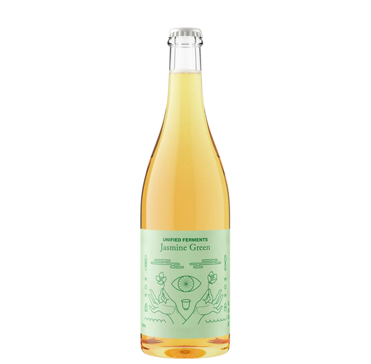 Bottle of Jasmine Green wine with a green label on a white background