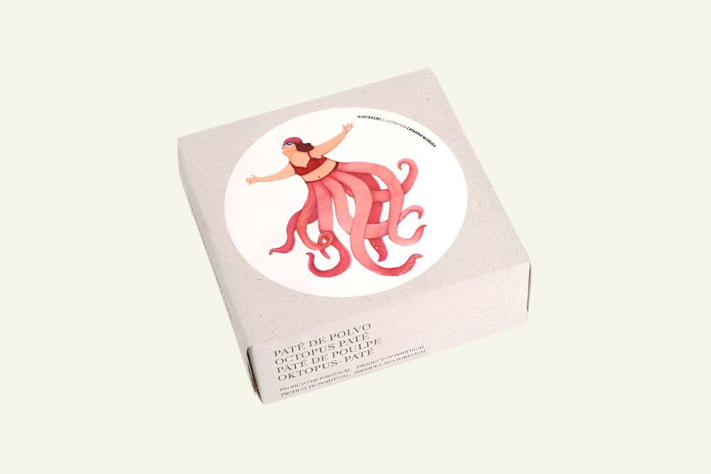 Pink octopus-shaped product on a beige box with text