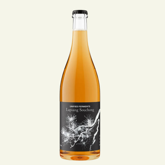 Bottle of Unified Ferments Lapsang Souchong on a white background