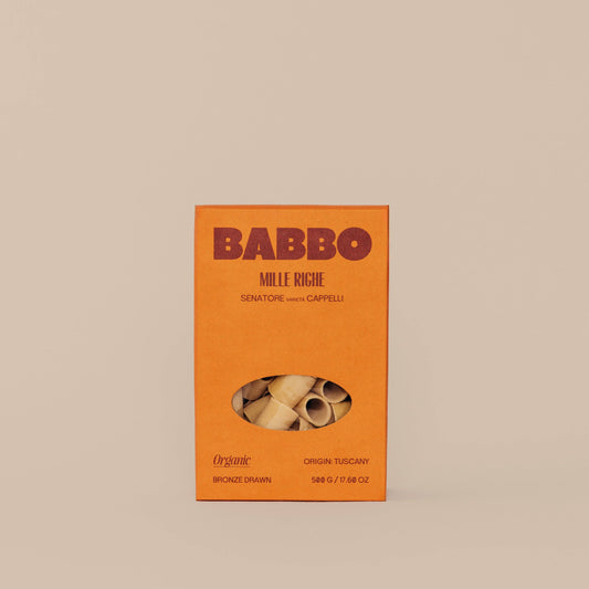 Package of Babbo Mille Righe pasta with a clear window showing the dried pasta inside.