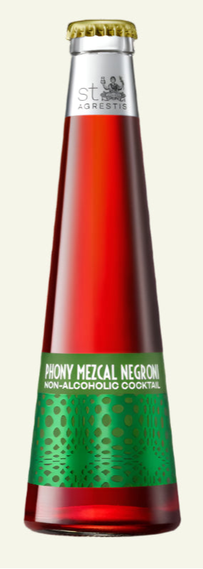 Bottle of Phony Mezcal Negroni with gold labels on a white background