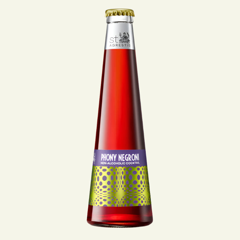 Bottle of Phony Negroni non-alcoholic cocktail on a white background
