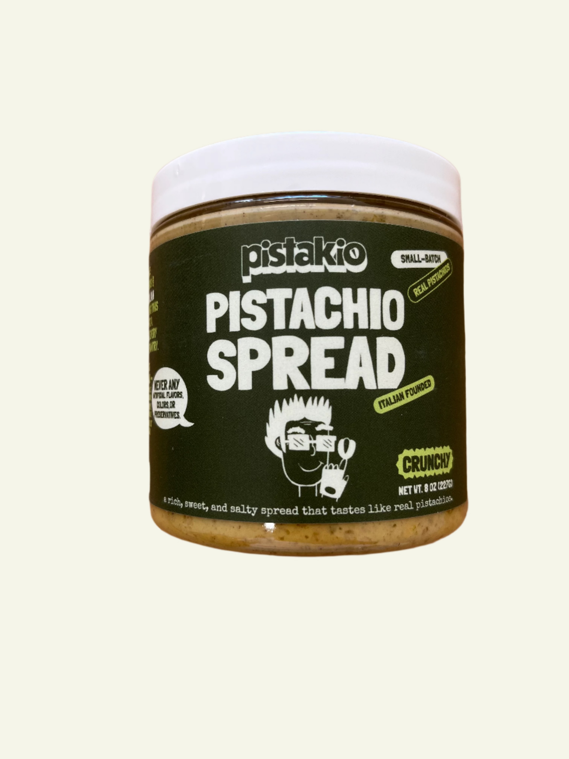 Crunchy pistachio spread in jar with green label