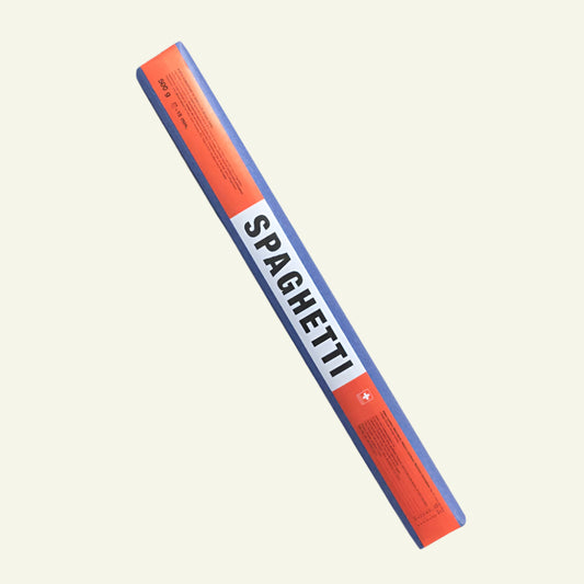 Rectangular block labeled 'Spaghetti' with red and blue design on a white background