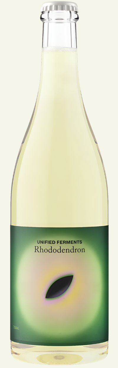 Bottle of Unified Ferments Rhododendron wine on a white background