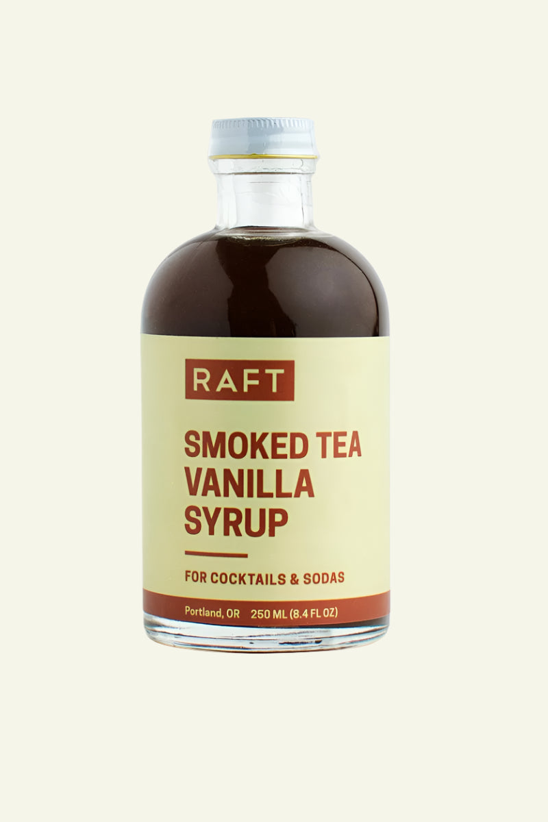 Bottle of Raft Smoked Tea Vanilla Syrup on a white background