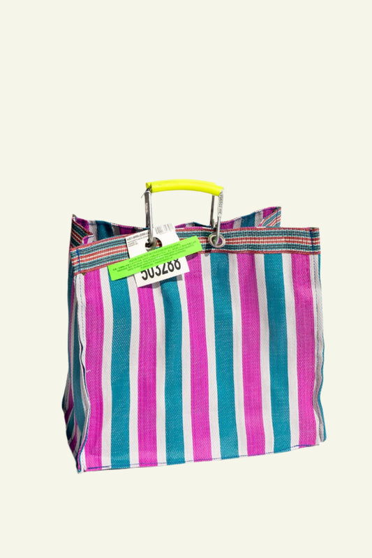 A hand-woven striped tote bag in green and pink with strong aluminum handles.