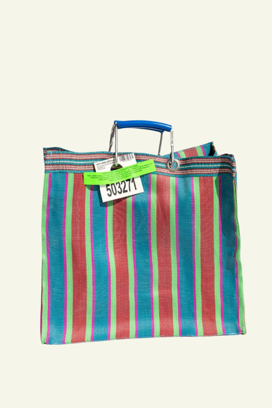 A hand-woven striped tote bag in red and blue with strong aluminum handles, displayed against a white background