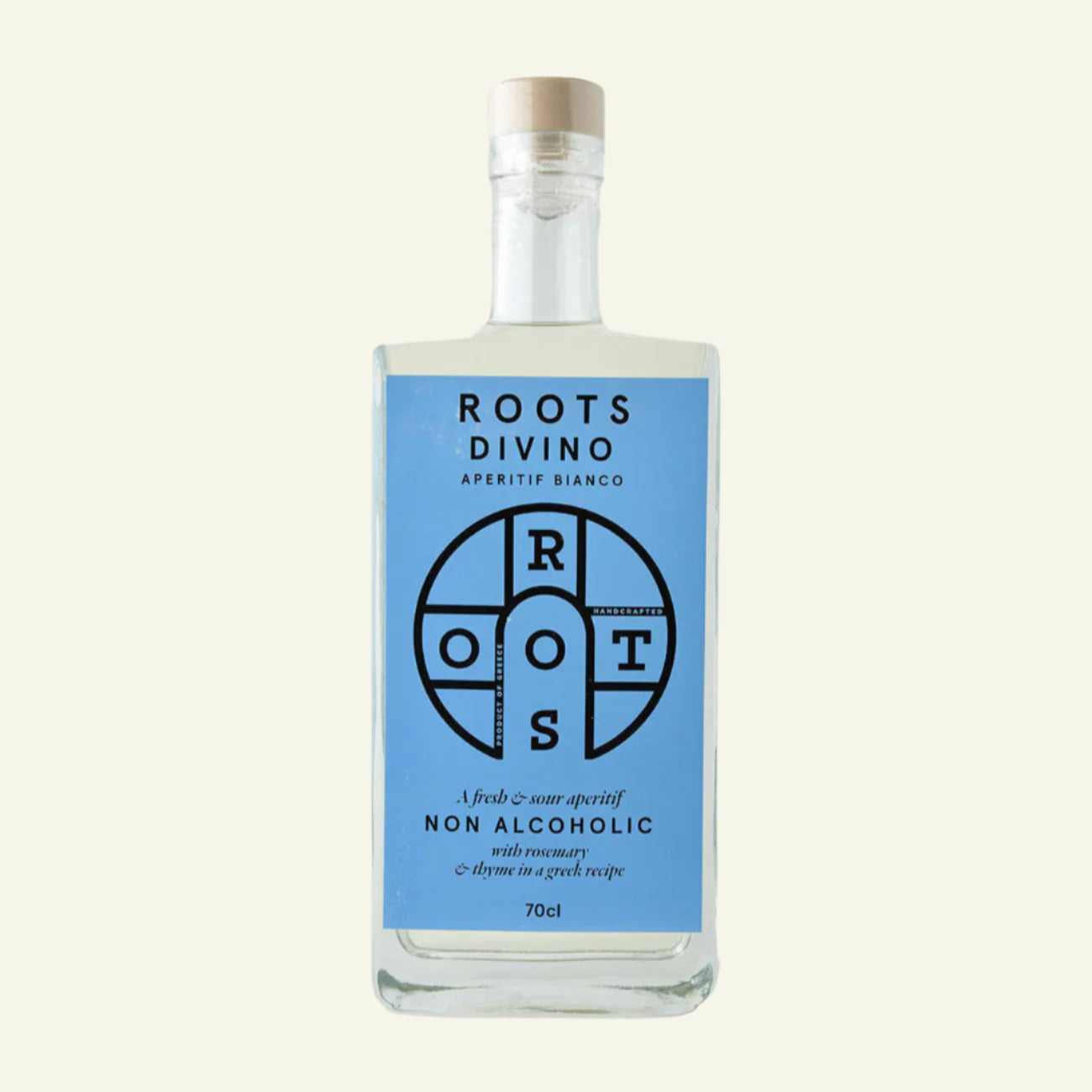 Bottle of Roots Divino non-alcoholic aperitif with blue label on beige background