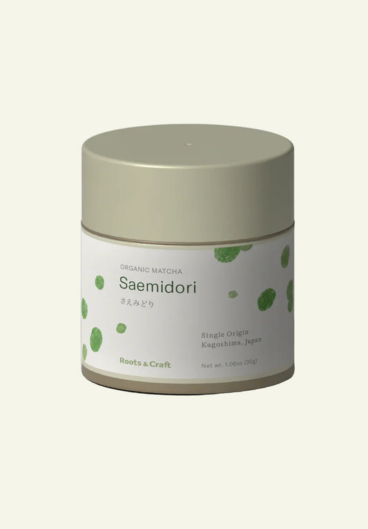 Green tea canister labeled 'Saemidori' on a white background
