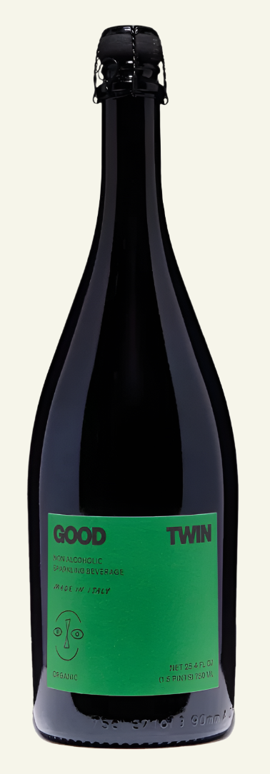 Black wine bottle with green label on a white background