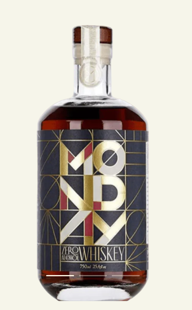 Bottle of Mondo Whiskey with a geometric label on a beige background