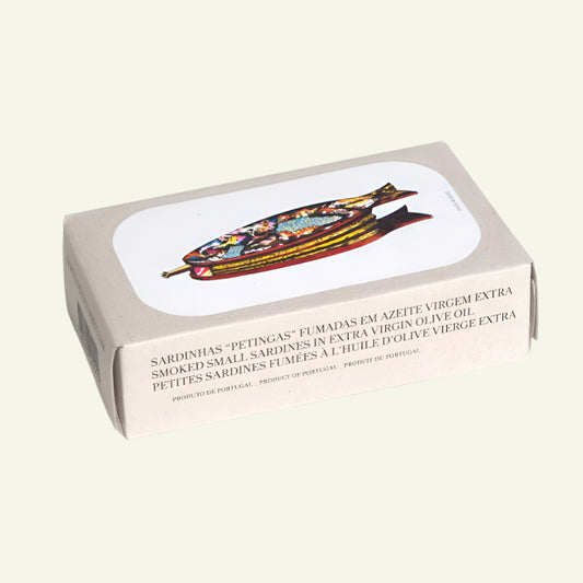 Box of smoked small sardines with a colorful illustration on a white background