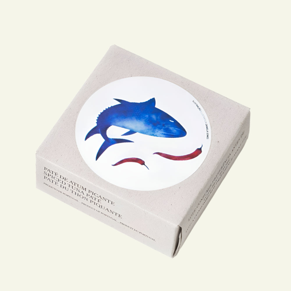 Box with a blue shark design on a white background