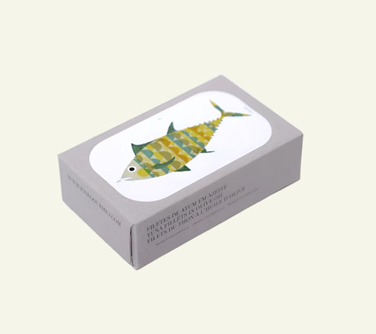 Box with a fish illustration on a white background