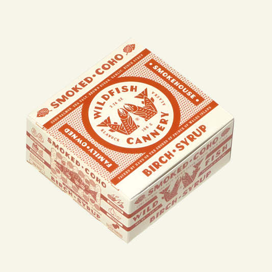 Box of Wildfish Cannery Smoked Coho Birch Syrup on a white background