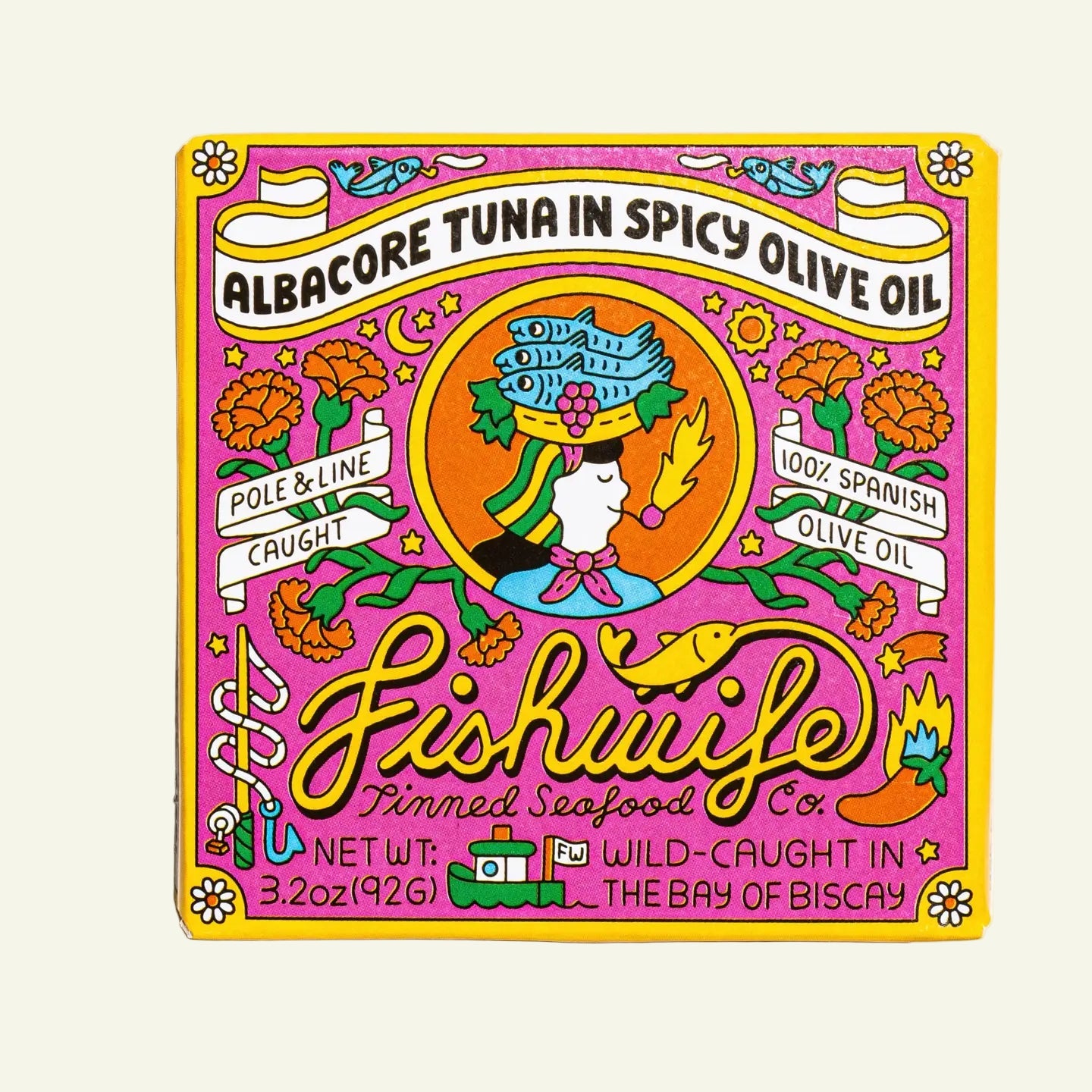 Colorful label for Fishwife canned tuna on a white background