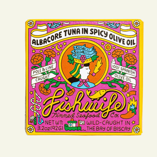 Colorful label for Fishwife canned tuna on a white background