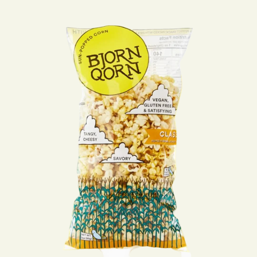 Bag of Bjorn Qorn popcorn with a yellow and white background
