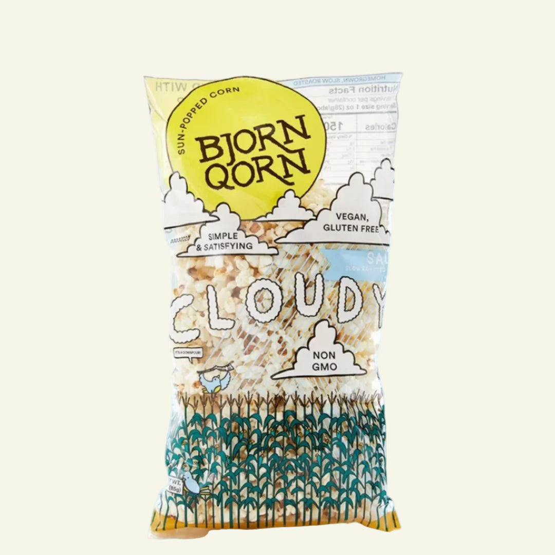 Bag of Bjorn Qorn popcorn with a blue and white background