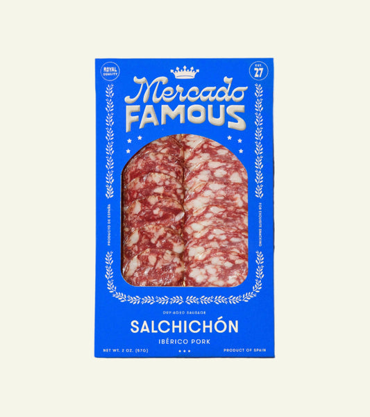 Packaged salchichón with Mercado Famous branding on a beige background