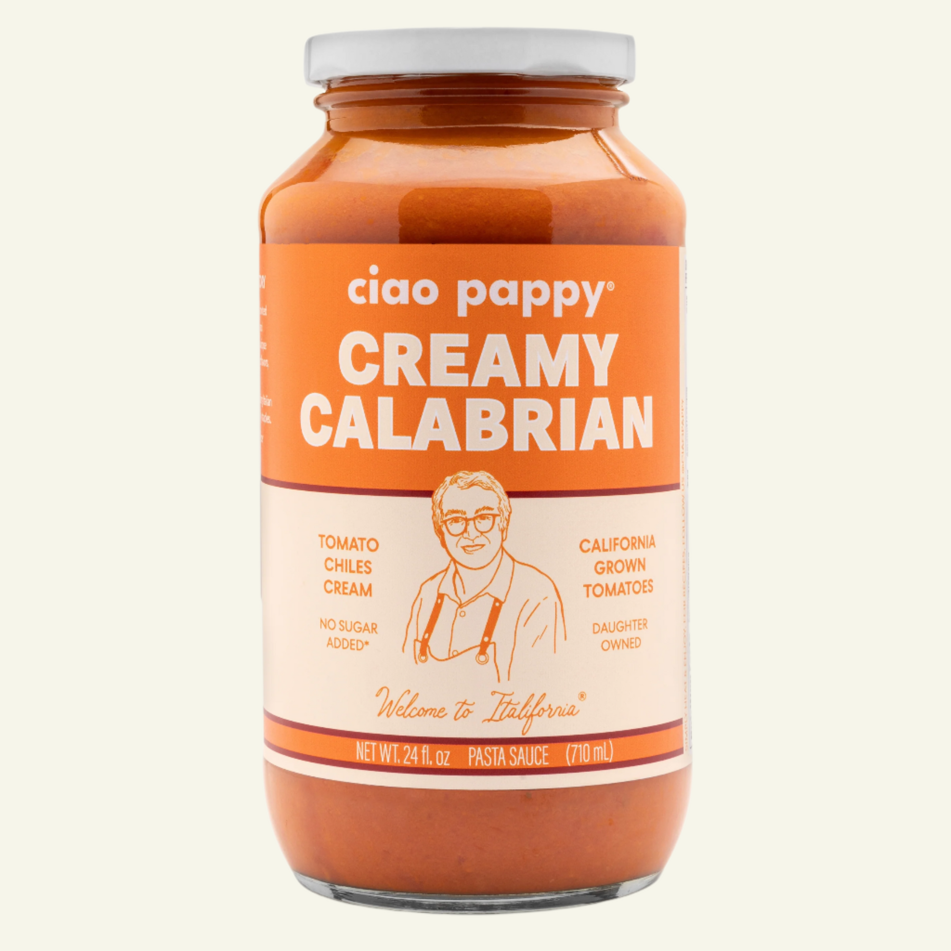 Jar of ciao pappy Creamy Calabrian pasta sauce on a white background