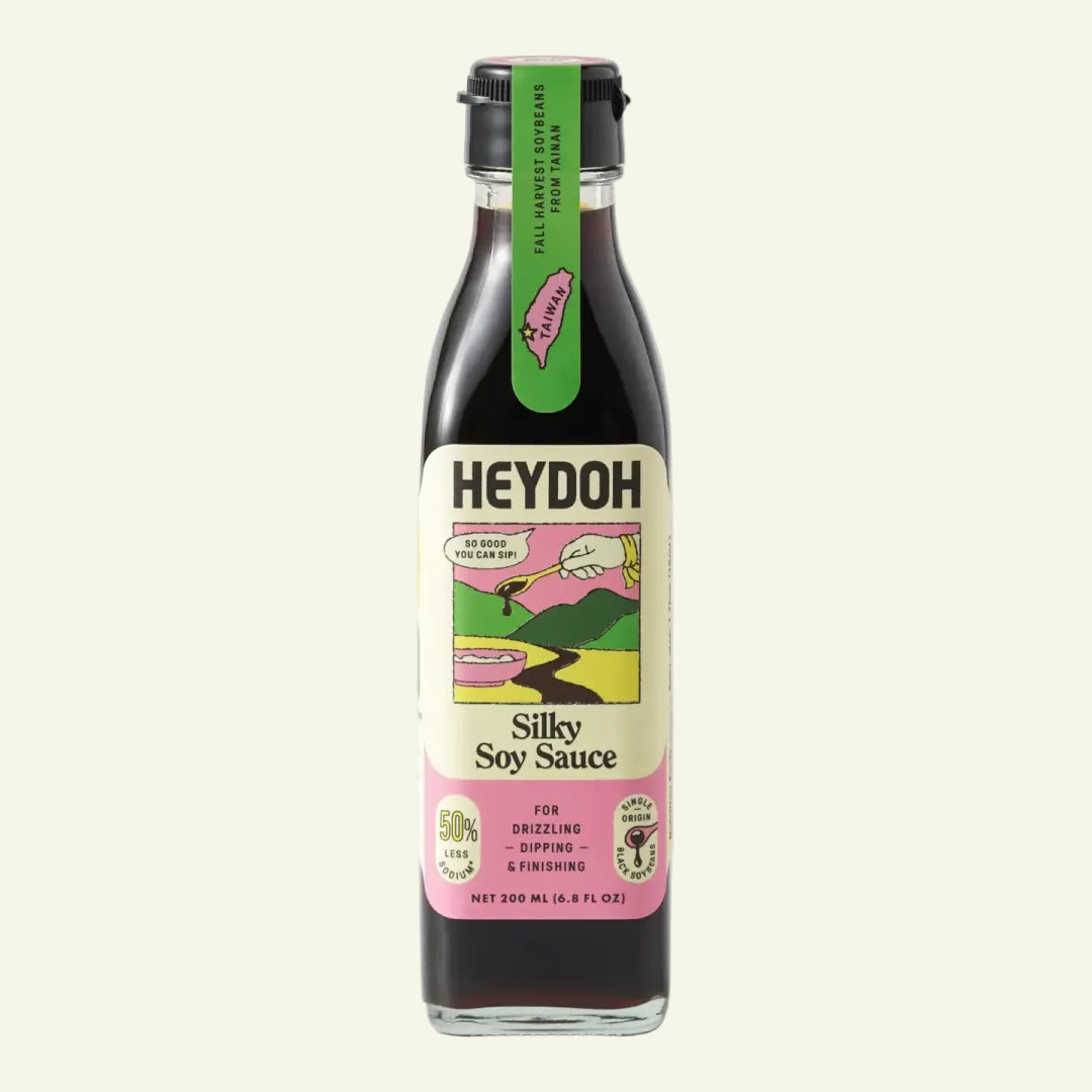 Bottle of Heydoh Silky Soy Sauce on a white background