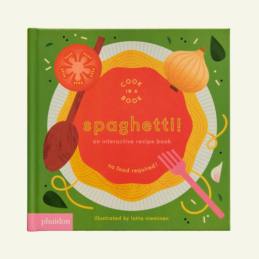Book titled 'Spaghetti! An Interactive Recipe Book' with illustrations of spaghetti, tomatoes, and a fork on a green background.