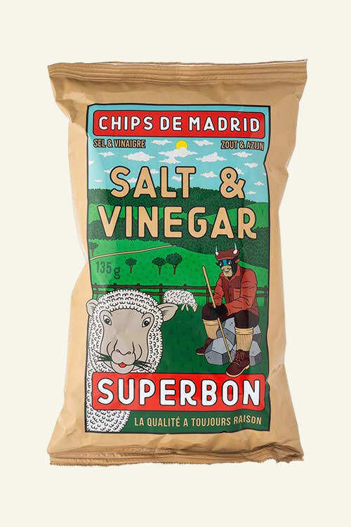 Packaged chips with 'Chips de Madrid' branding on a beige background