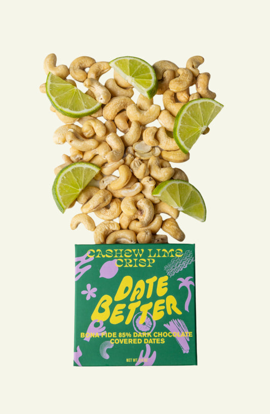 Cashew Lime Crisp Date Better packaging with cashews and lime slices on a white background