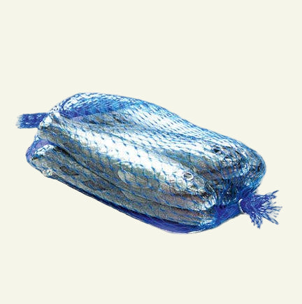 Blue plastic bag with tassels on a white background