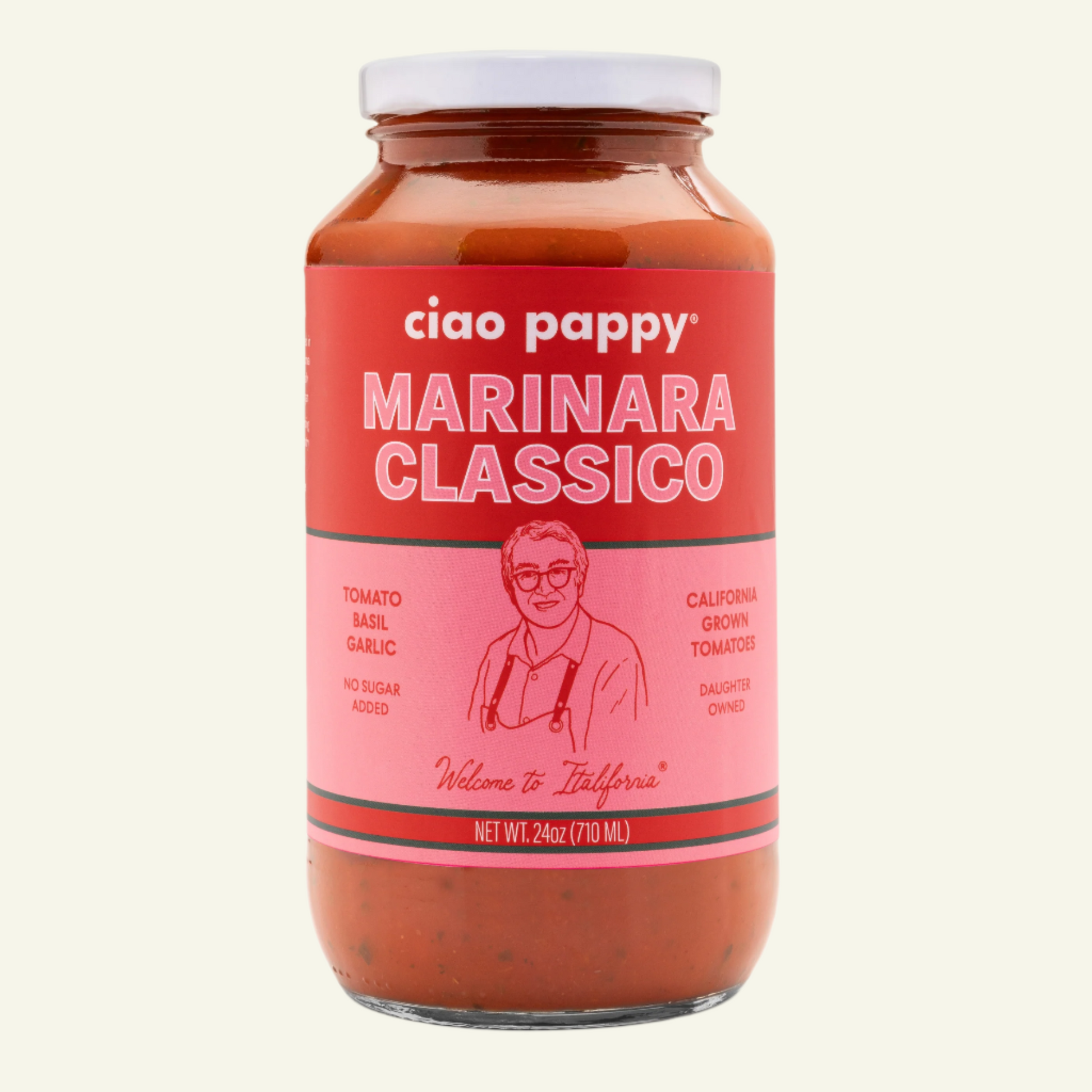 Jar of ciao pappy Marinara Classico sauce on a white background