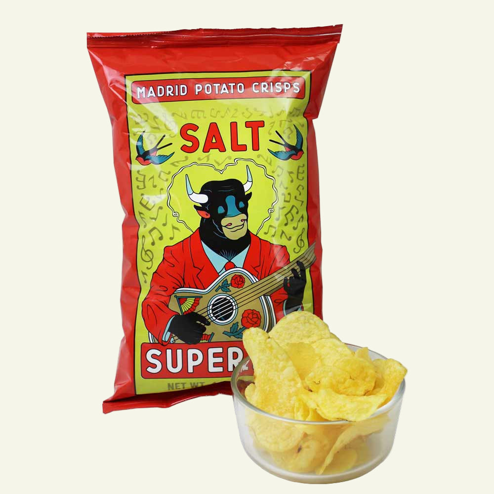 Bag of Madrid Potato Crisps labeled 'Salt Super' with a bowl of chips on a white background