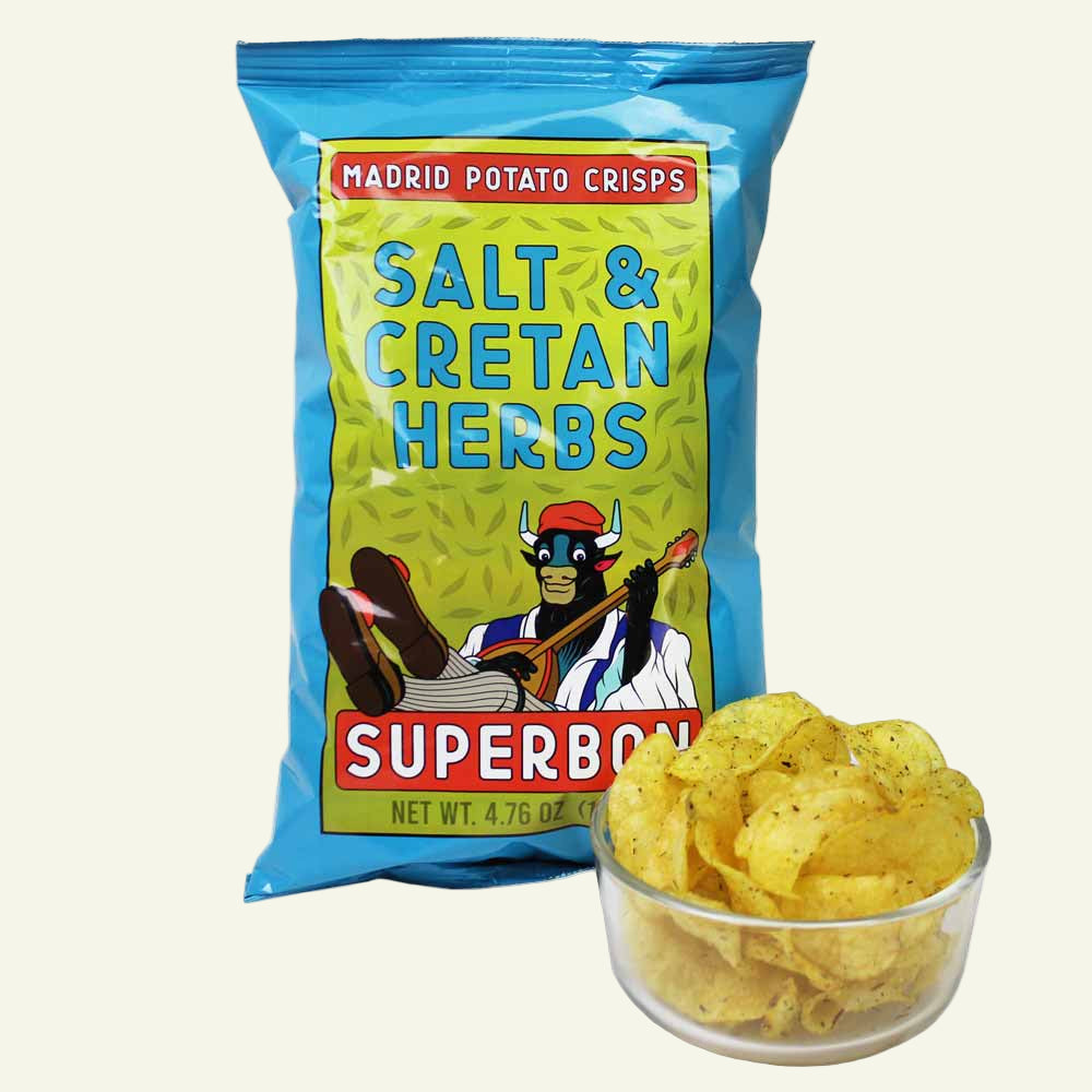 Superbowl salt and Cretan herbs potato crisps with packaging on a white background
