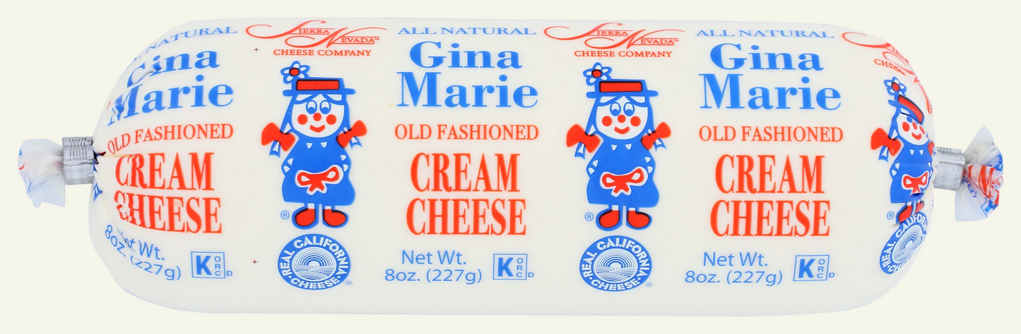 Two packages of Gina Marie cream cheese with cartoon characters on a white background