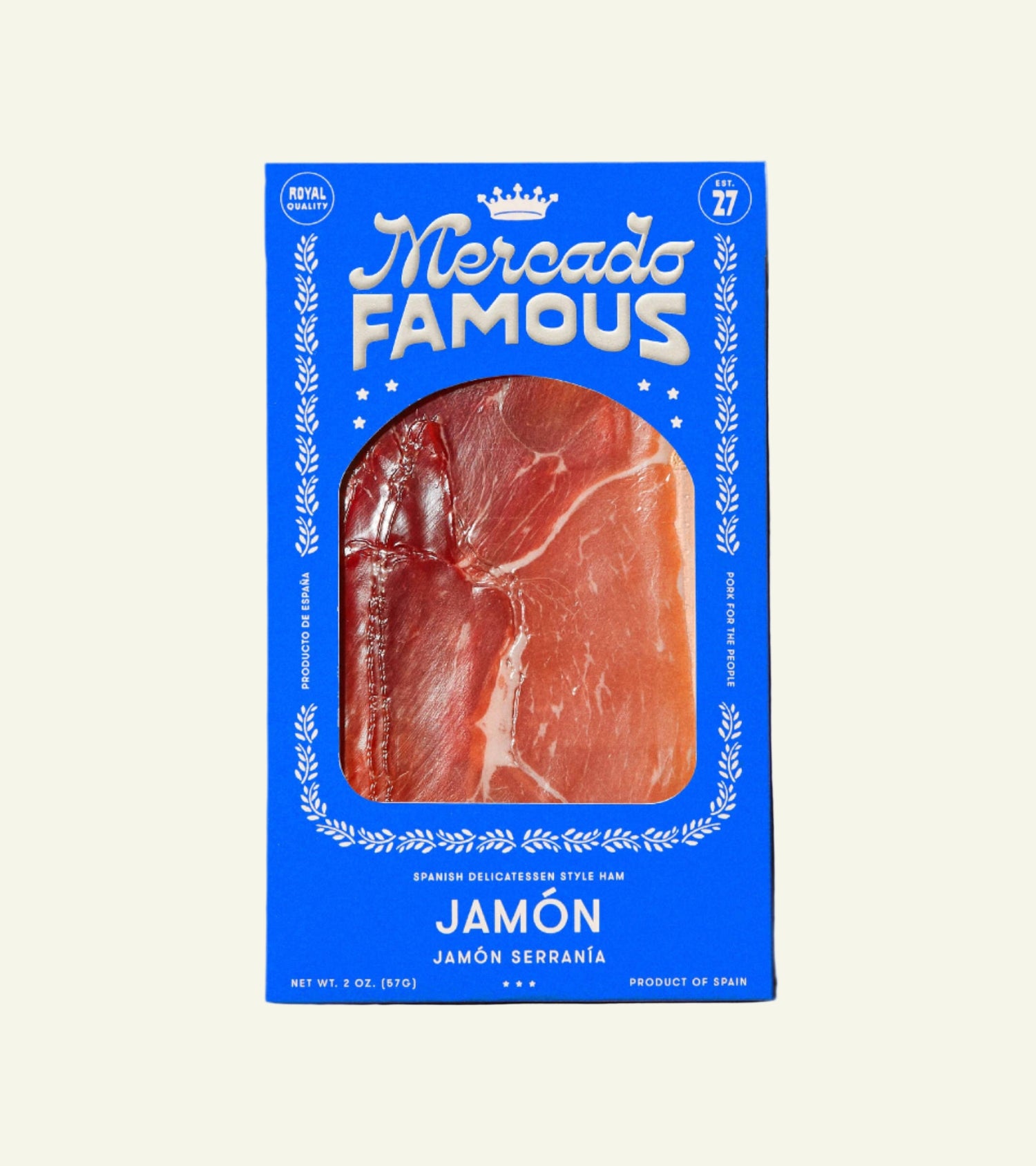 Blue Mercado Famous Jamón packaging on a beige background