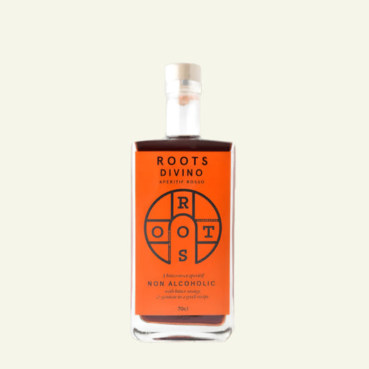 Bottle of Roots Divino non-alcoholic aperitif on a white background