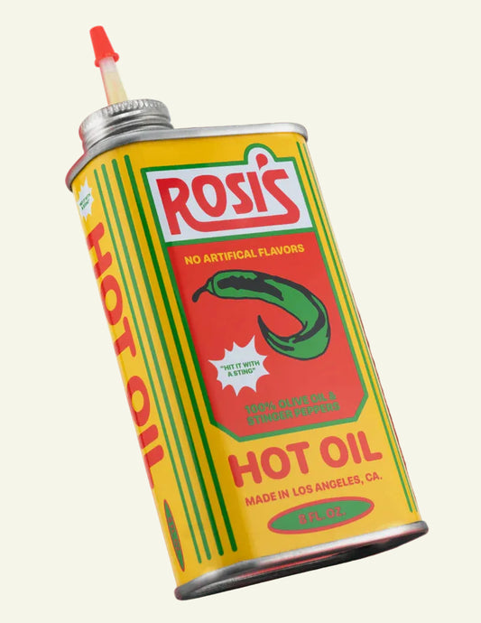 Rosie's Hot Oil can with a red and yellow label on a gradient red background